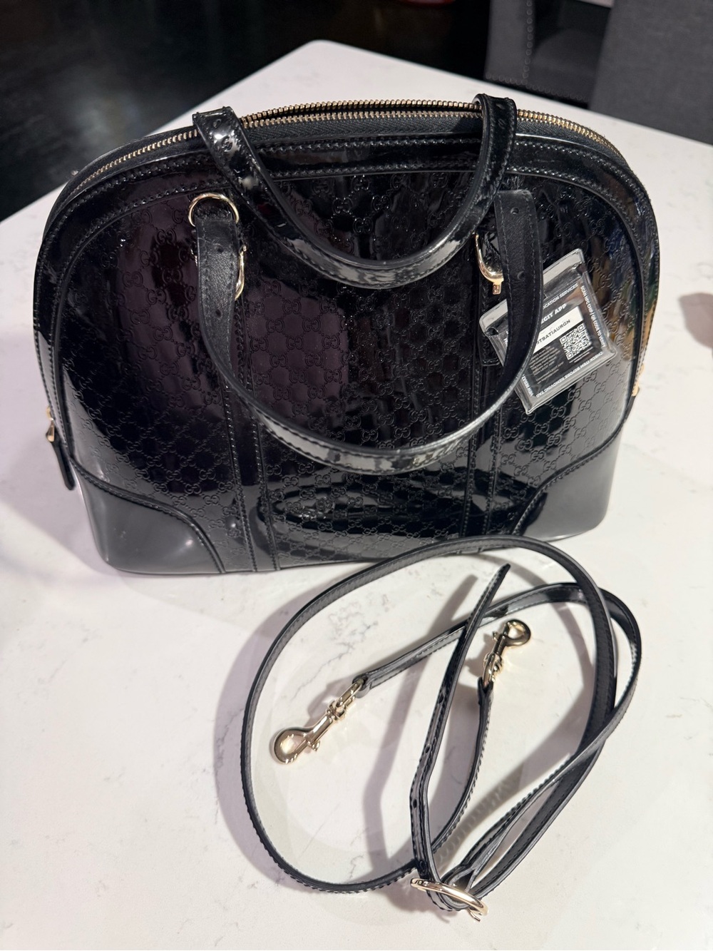 Gucci Black Patent Monogram Tote with Gold-Tone Accents